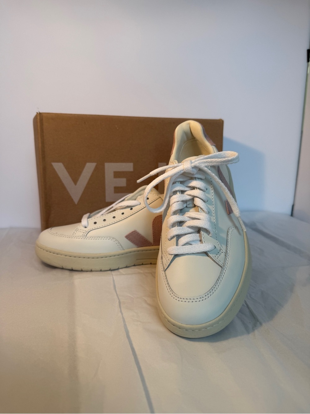 Veja Leather Sneakers in White with Light Pink Accents (V-12 Leather) NWT
